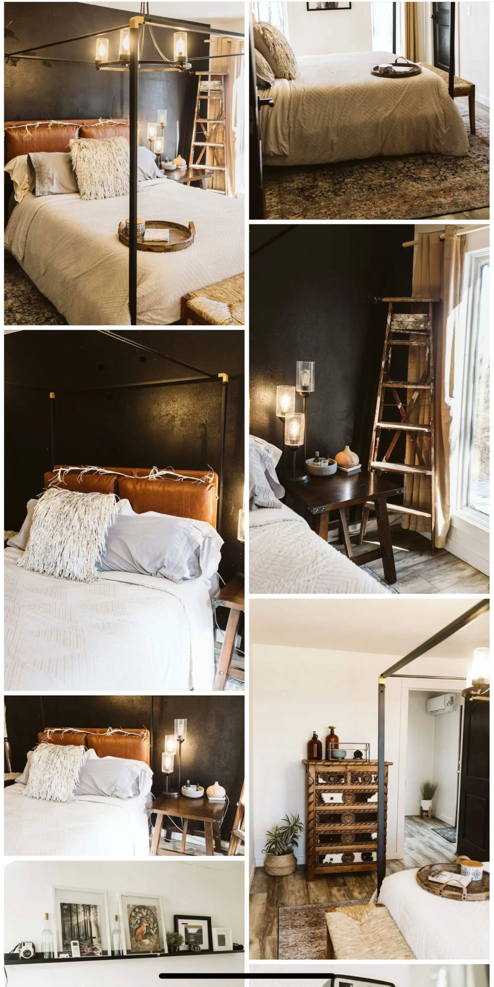 Bedroom 2 details — dark walls, a leather headboard and a wooden ladder