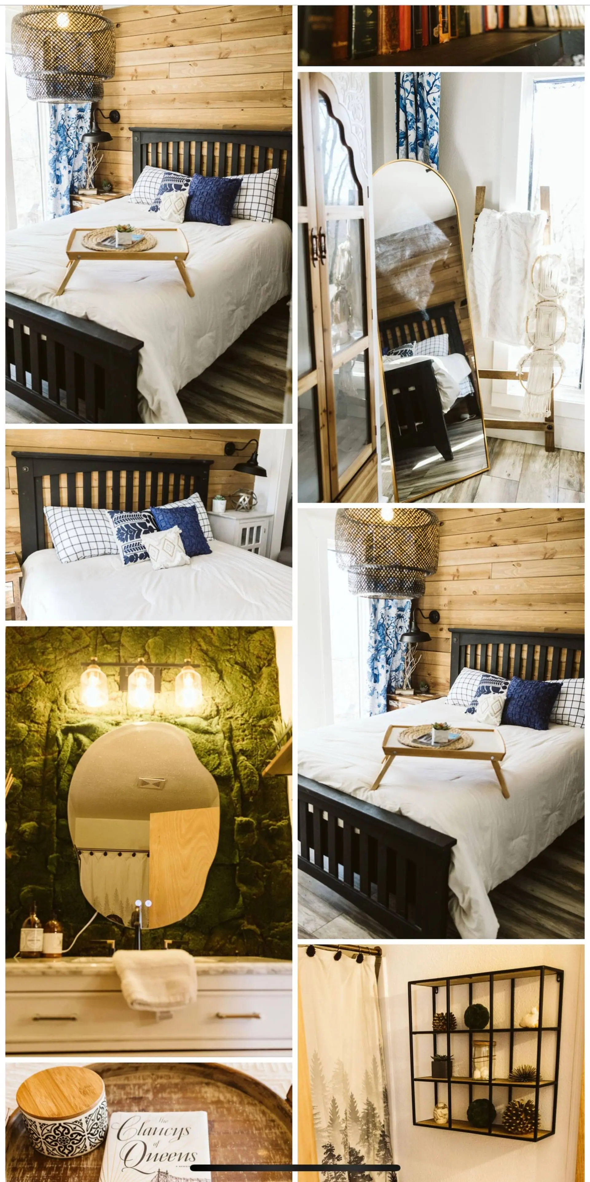 Bedroom details — layered linens, warm lamplight and wood-clad walls