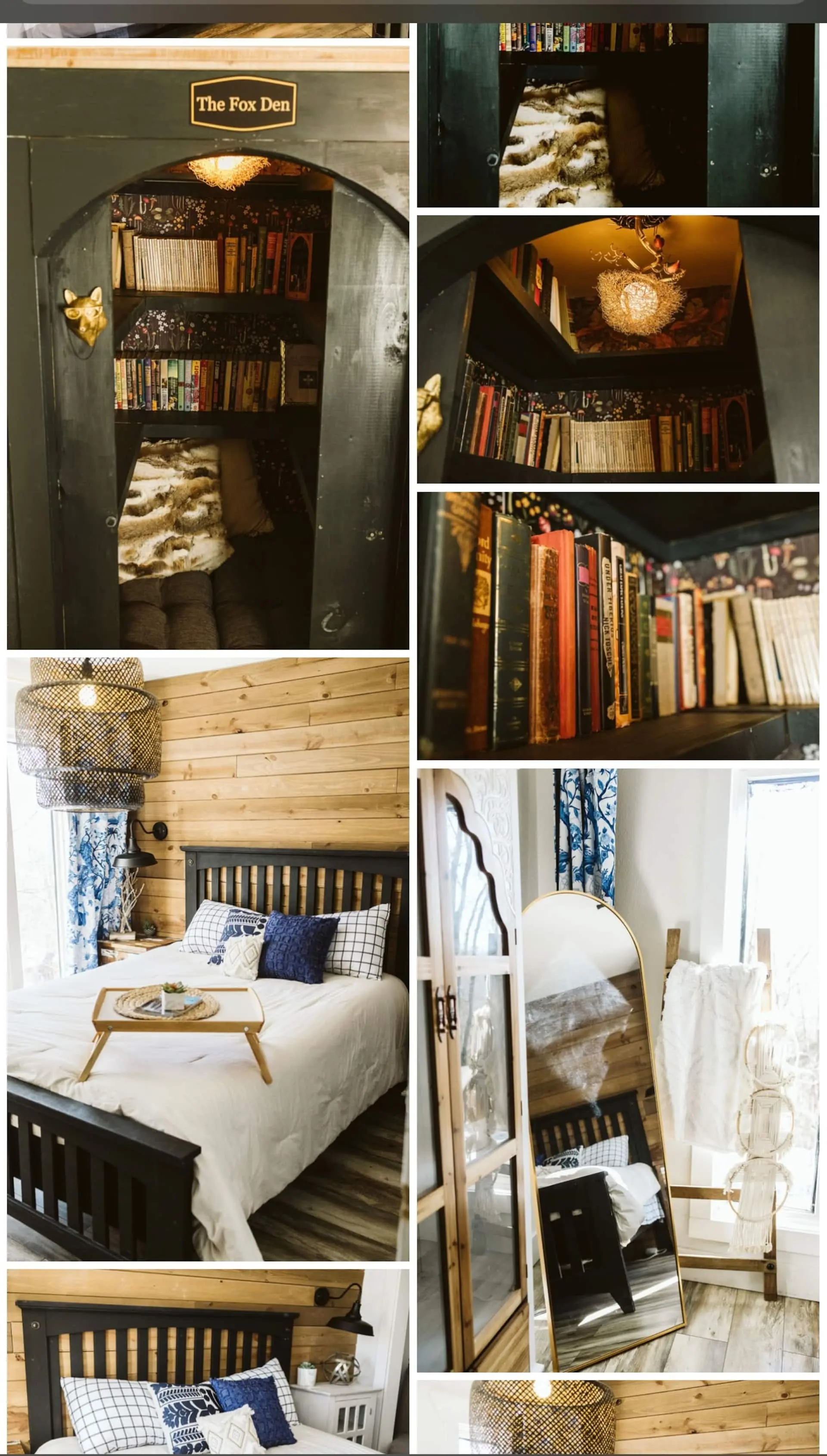 The book-lined Fox Den shelves alongside bedside lamplight and layered bedding