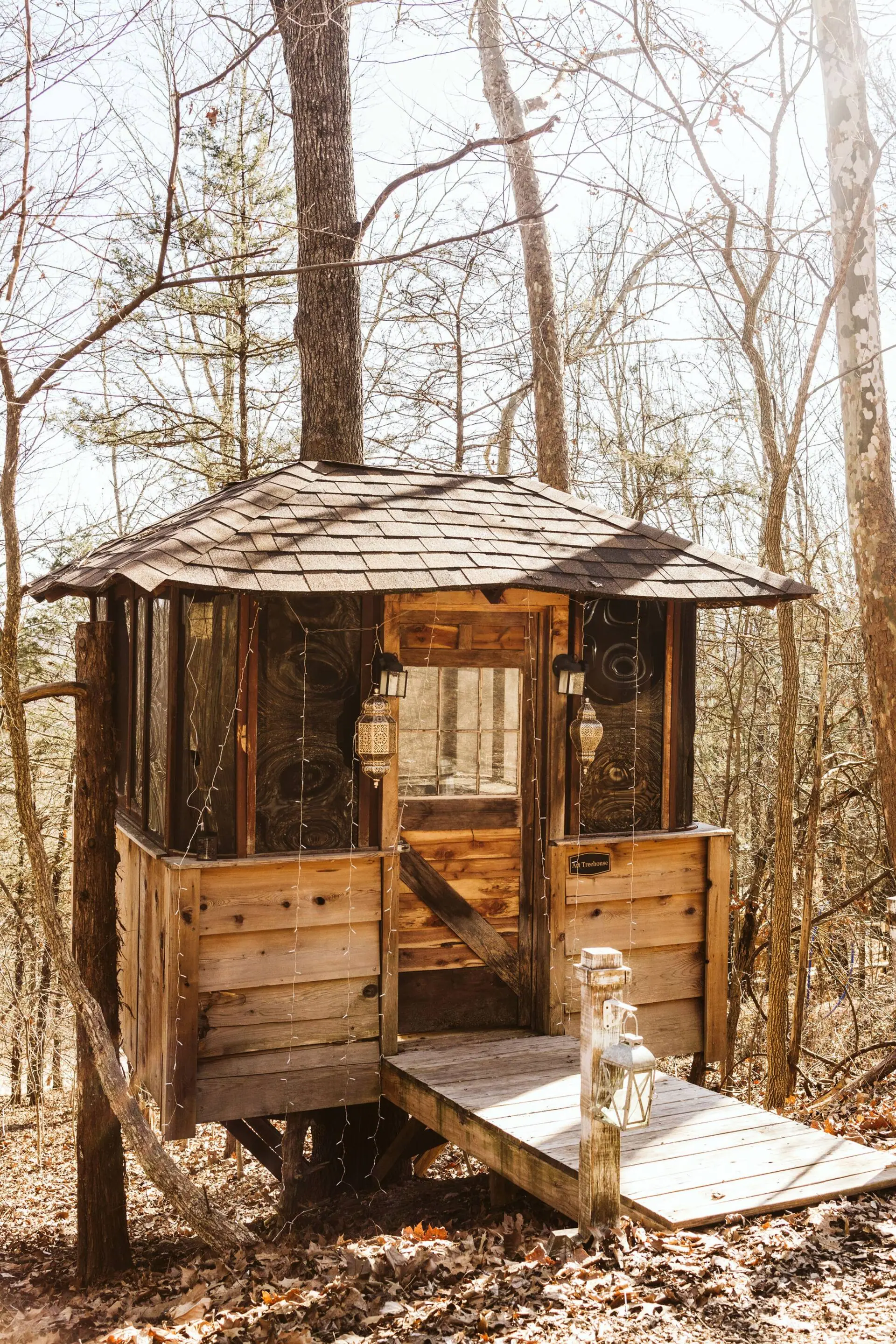 The hand-built mini treehouse art spot standing among the Ozark trees