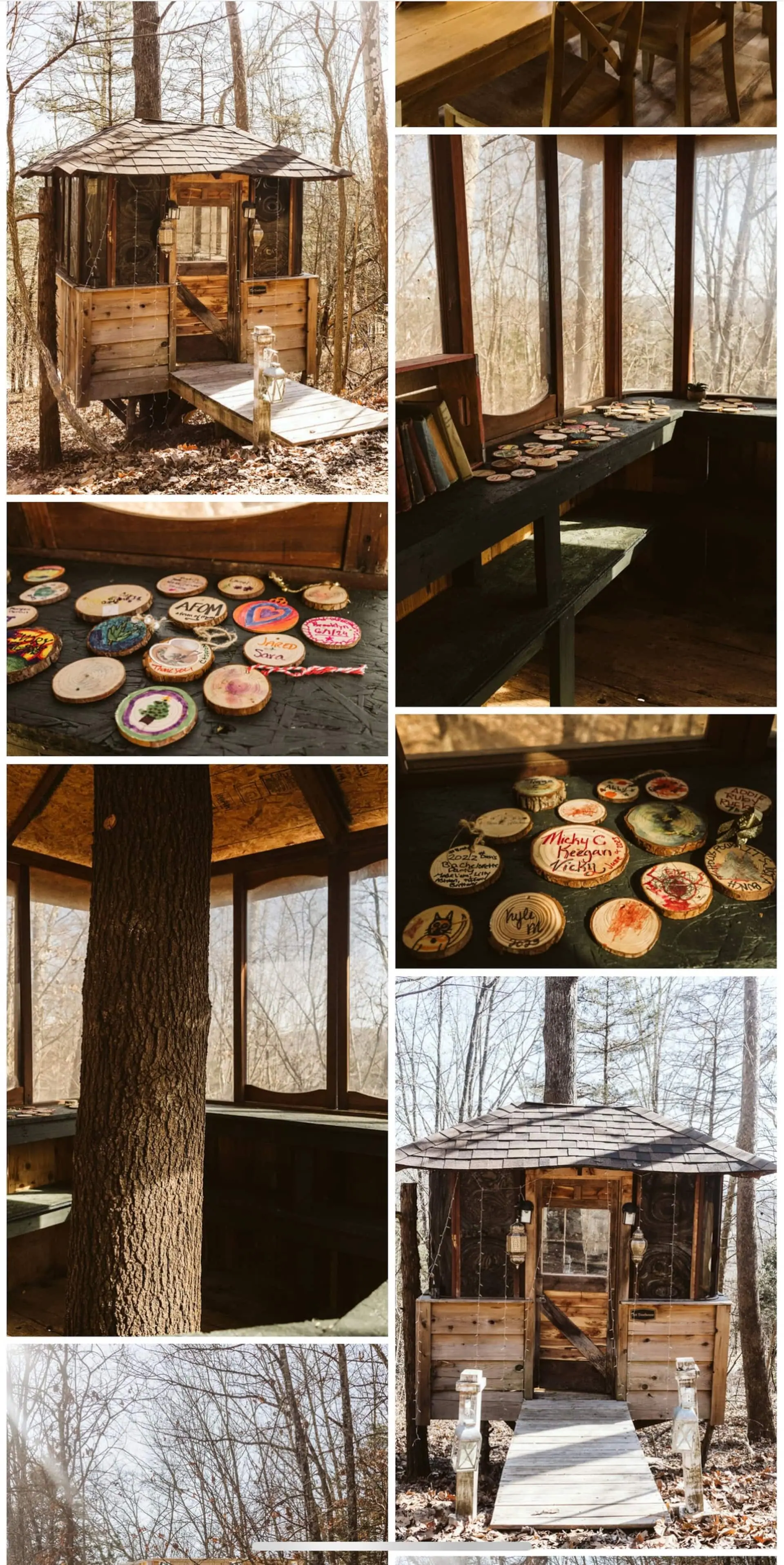 Hand-painted wood-slice art made at the cabin