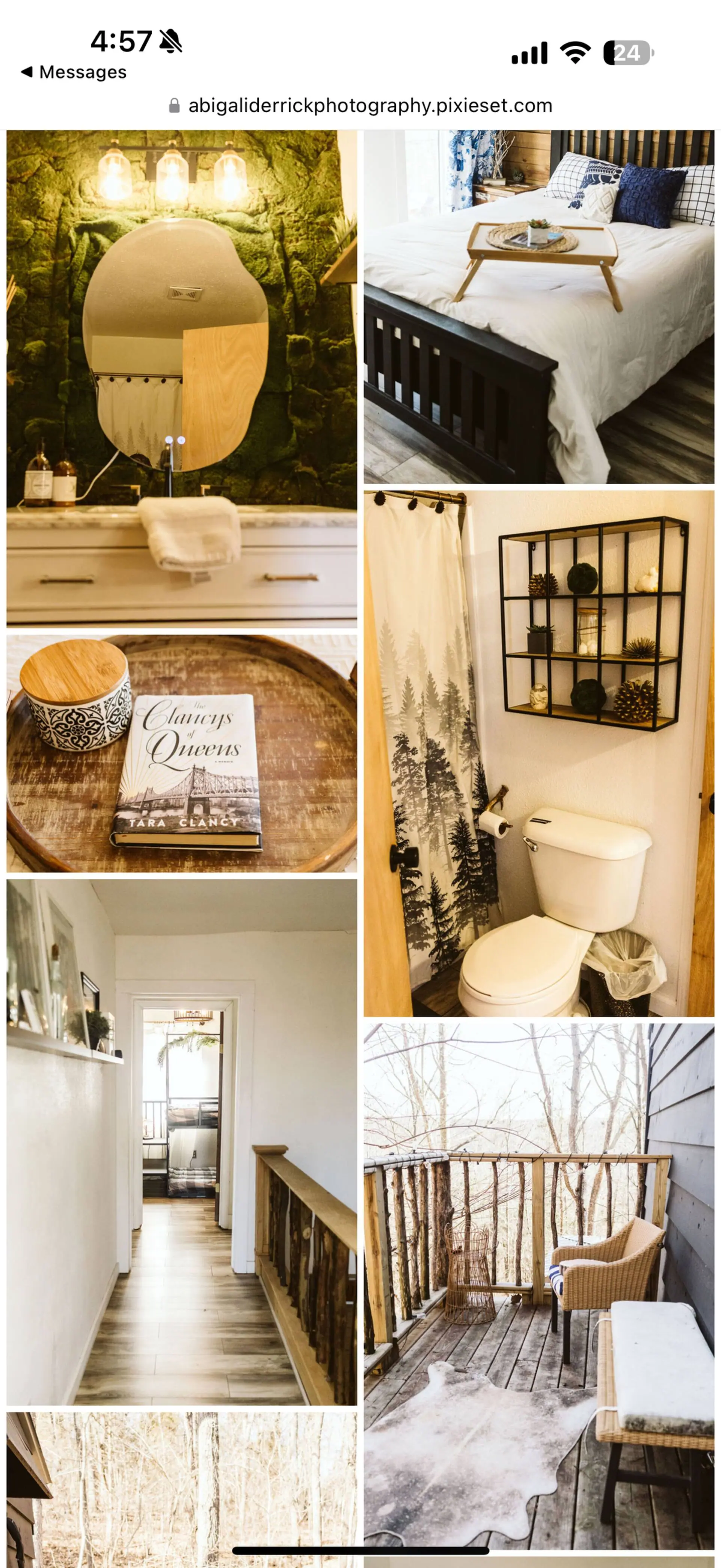 Details around the cabin — the shop closet, styled trays and the upstairs bath