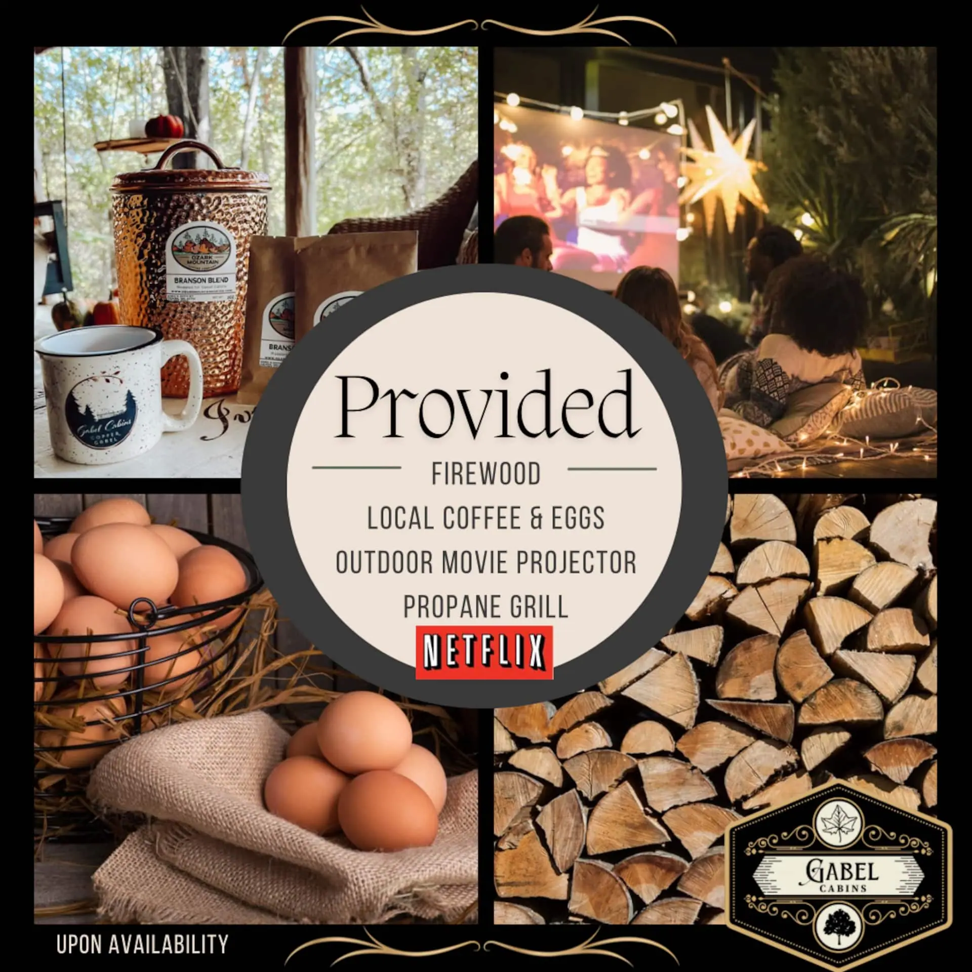What’s provided at Ivory Gabel — firewood, local coffee and farm eggs, the outdoor projector, propane grill and Netflix