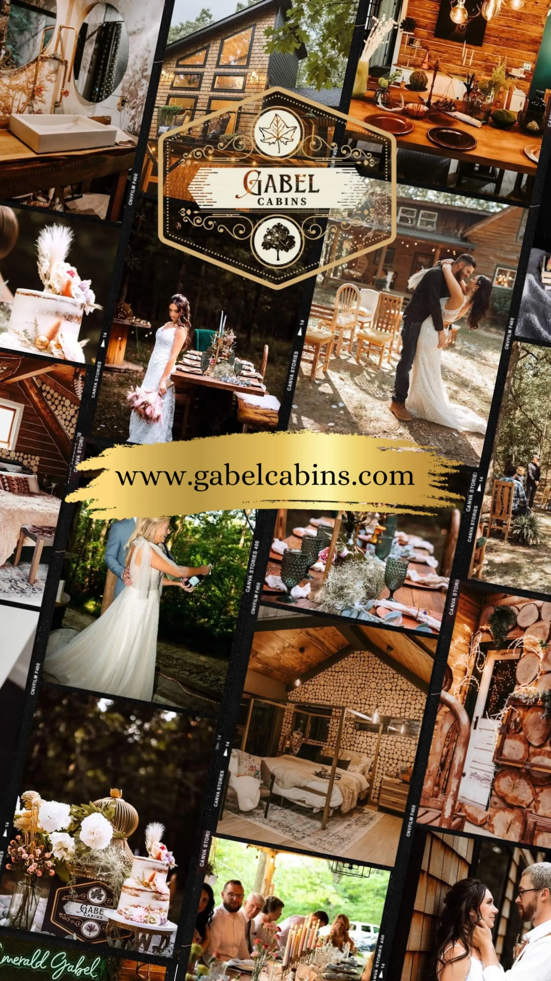 A microwedding held at the cabin — a couple on the porch and tables set among the trees