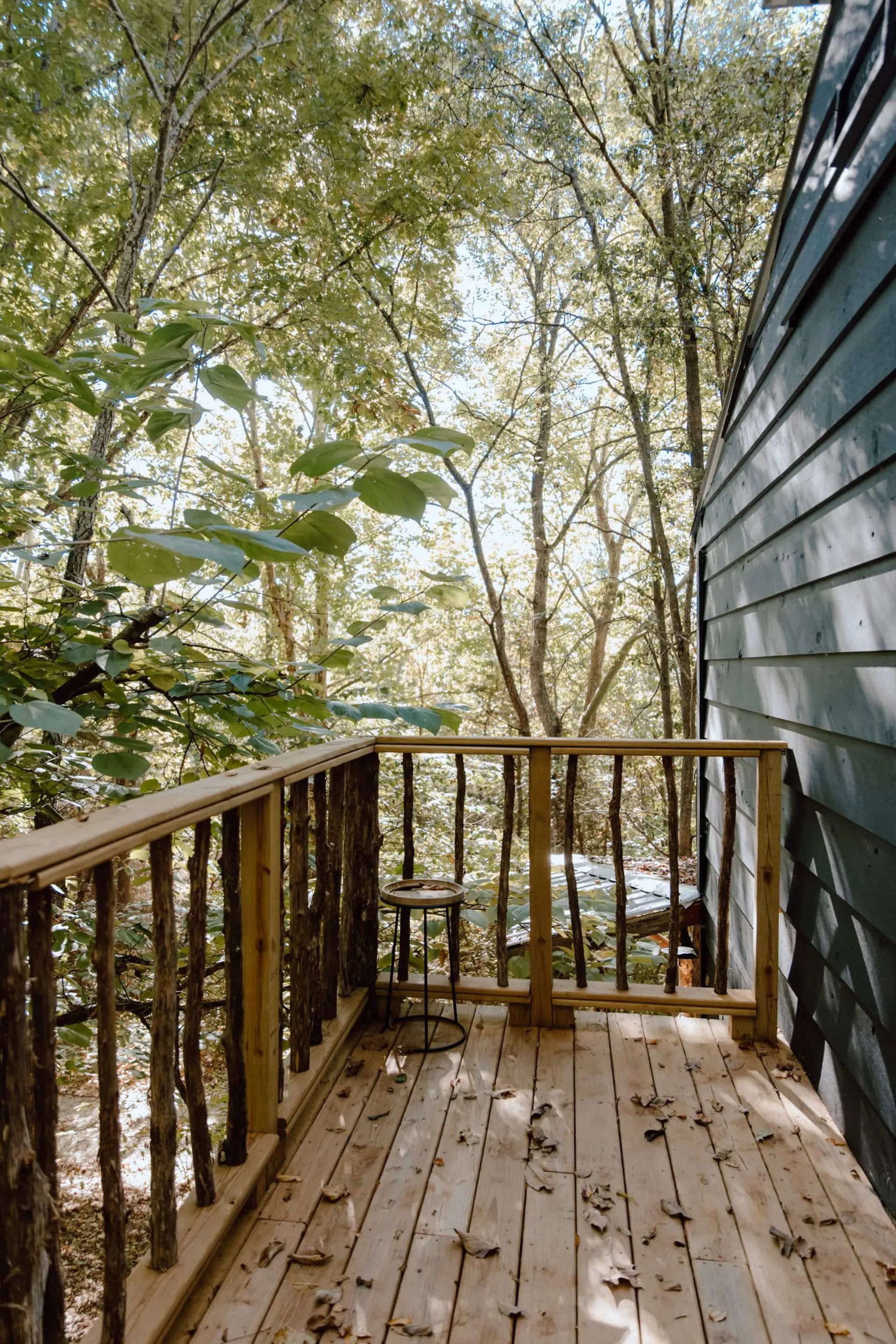 Timber stairs and railing climbing the hillside to the cabin’s black-sided entry