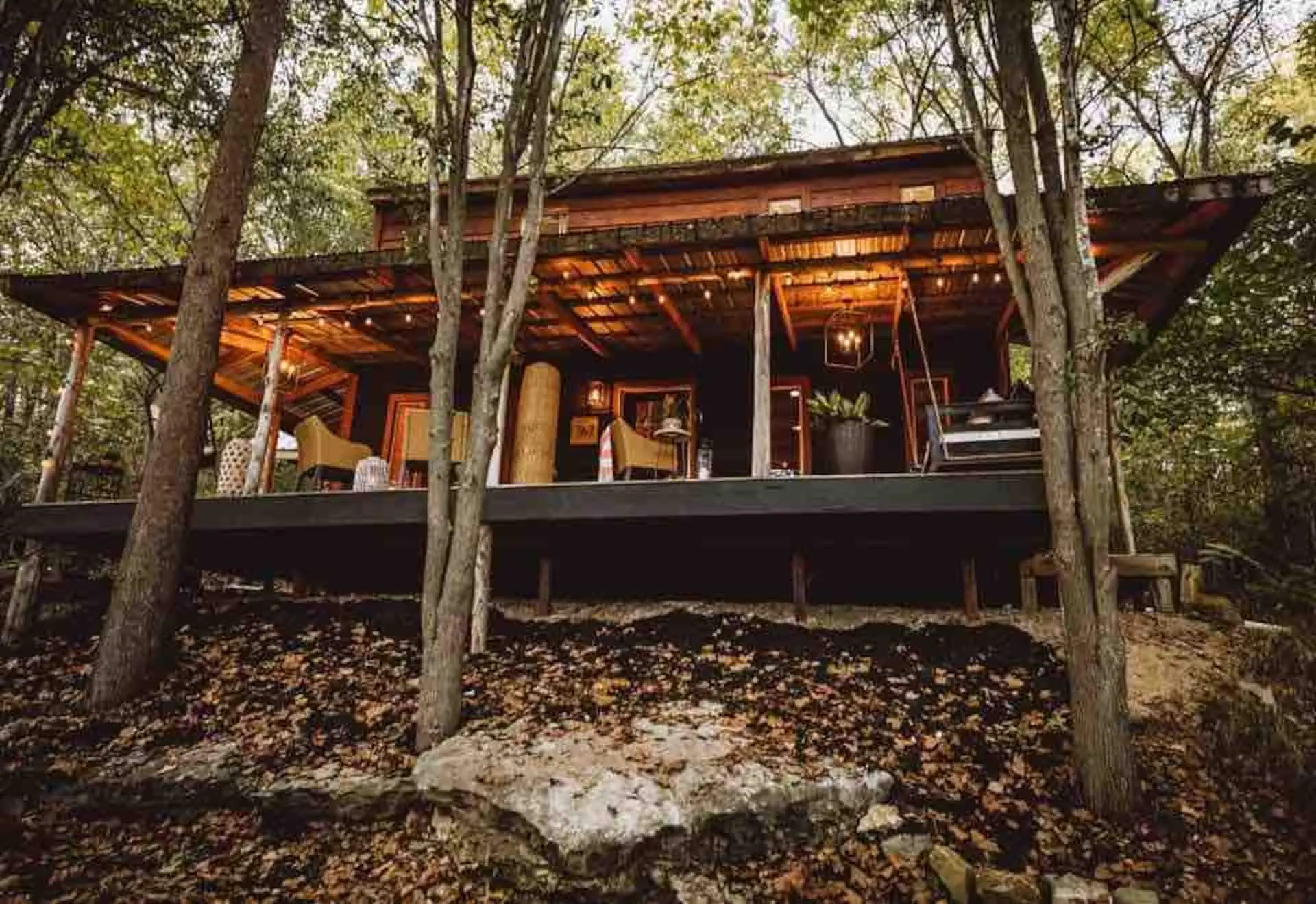 Ivory Gabel Cabin from the drive — a black-sided woodland cabin with a deep wraparound porch