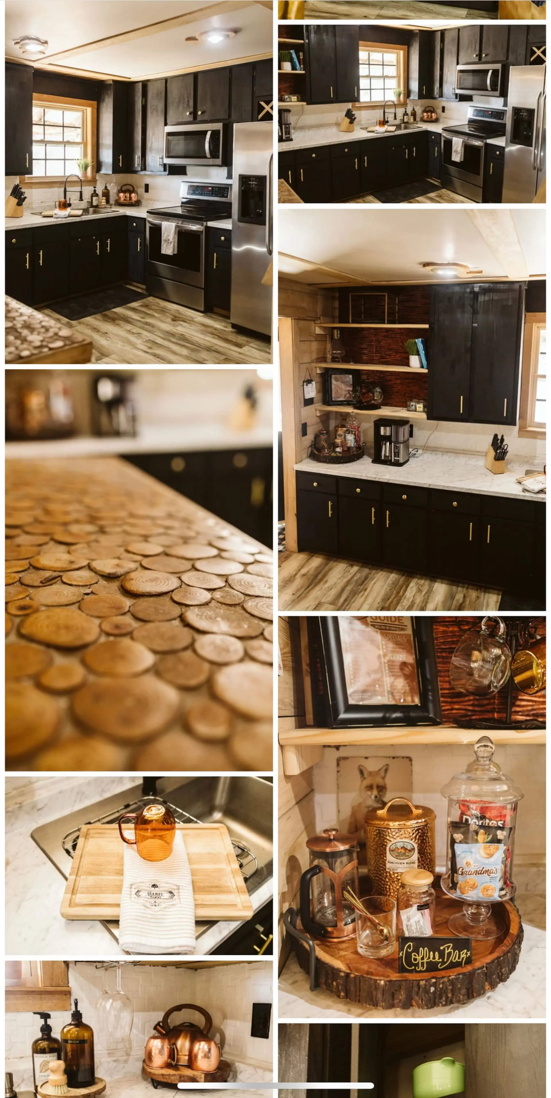 Close-up of the cabin’s handmade wood-slice counter detail against black cabinetry