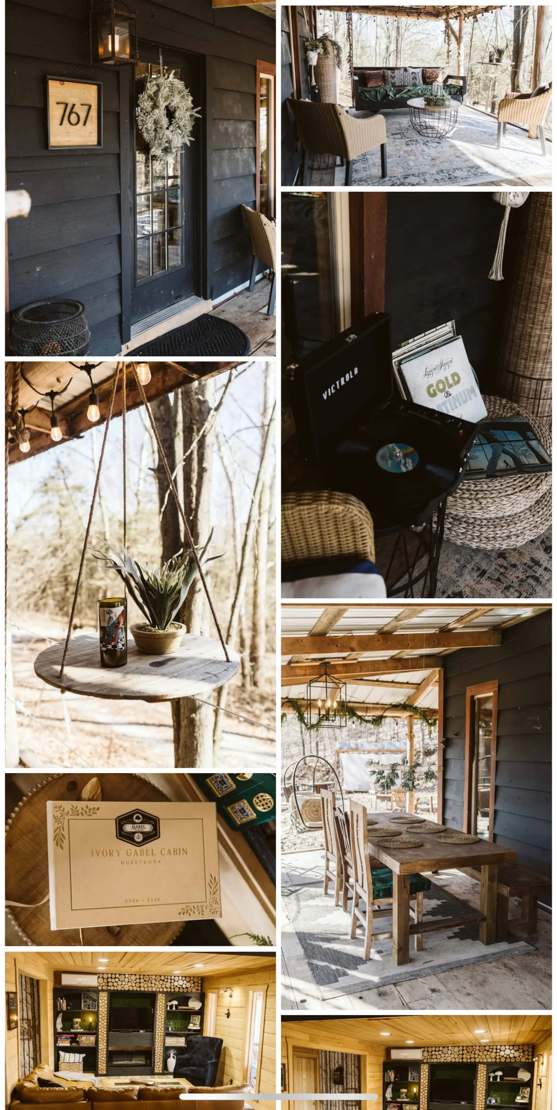 Porch details — a hanging chair, potted greenery and the long timber dining table